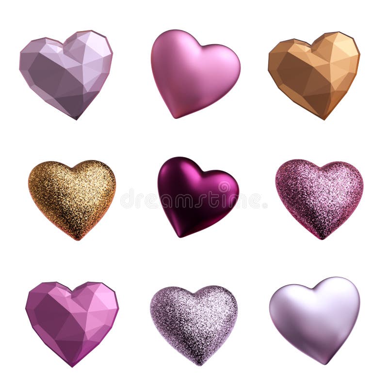 3d render, assorted hearts, love symbols, metallic pink silver gold objects isolated on white background, Valentine day clip art vector illustration 3d render, assorted hearts, love symbols, metallic pink silver gold objects isolated on white background, Valentine day clip art vector illustration
