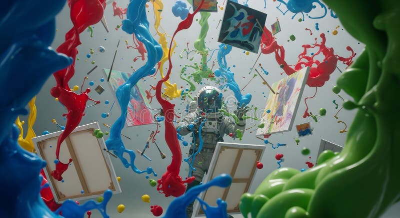 Astronaut Painting with Colorful Splashes stock illustration