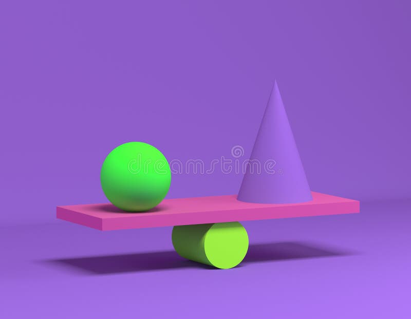 3D render of balancing geometric shapes. Lavender background. geometric installation. Ball, cone and cylinder stock illustration