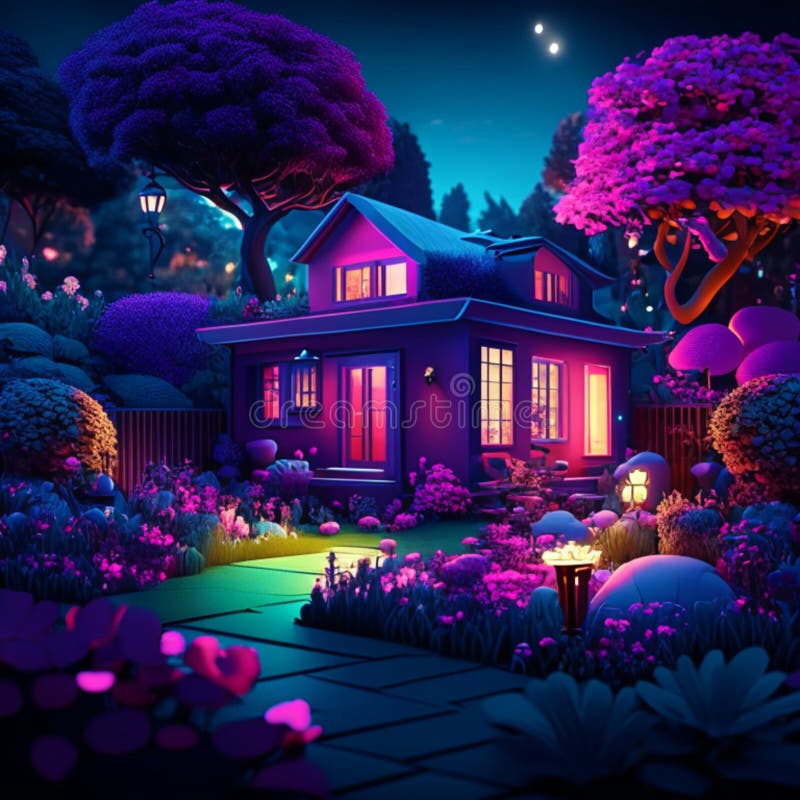 3D Render of a Beautiful Fantasy House in the Garden at Night AI ...