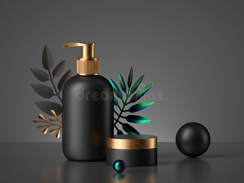 3d render. Black cosmetic bottles and golden lid caps, tropical leaves. Dispenser container and cream jar. Beauty products for men