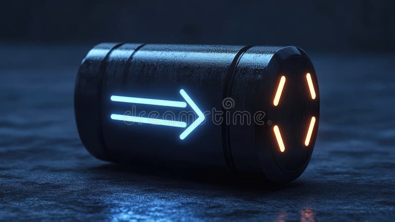 3D Render of Black Cylindrical Object with Illuminated Double Arrow Design vector illustration