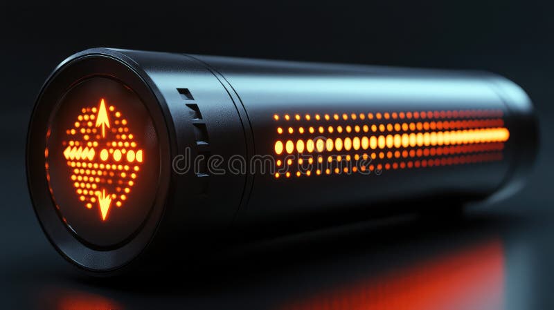 3D Render of Black Cylindrical Object with Illuminated Double Arrow Design royalty free illustration