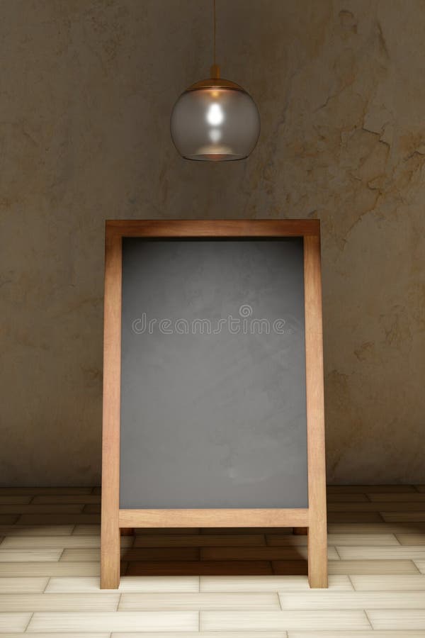 3d render Blank chalkboard with lantern light shining down, stand mockup, Clear indoor signage with blackboard mock up with wooden vector illustration