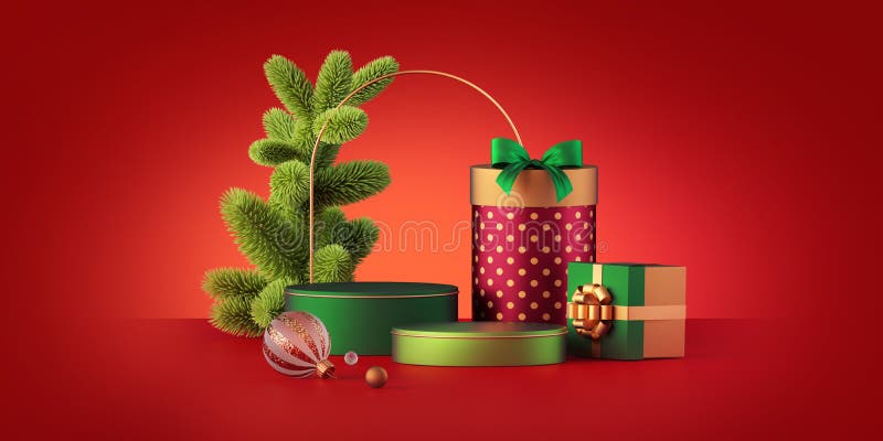 3d render, blank podiums isolated on red background with wrapped gift boxes, green spruce and Christmas ornaments. Empty showcase royalty free illustration