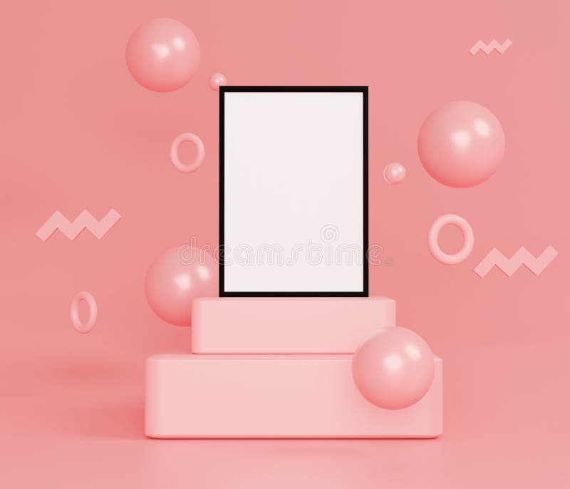 3d render of blank poster frame on the podium for mock up with beautiful pink pastel color scene stock illustration