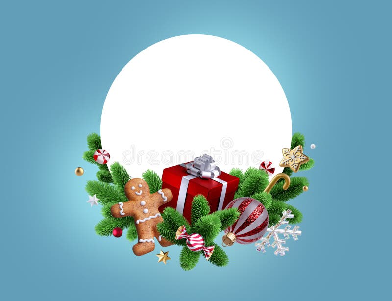 3d render. Blank round frame decorated with christmas ornaments, glass balls, red gift box, gingerbread man cookie and green