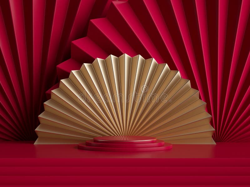 3d render. Blank showcase template for product display decorated with folded paper fans chinese style. Abstract red gold festive stock illustration