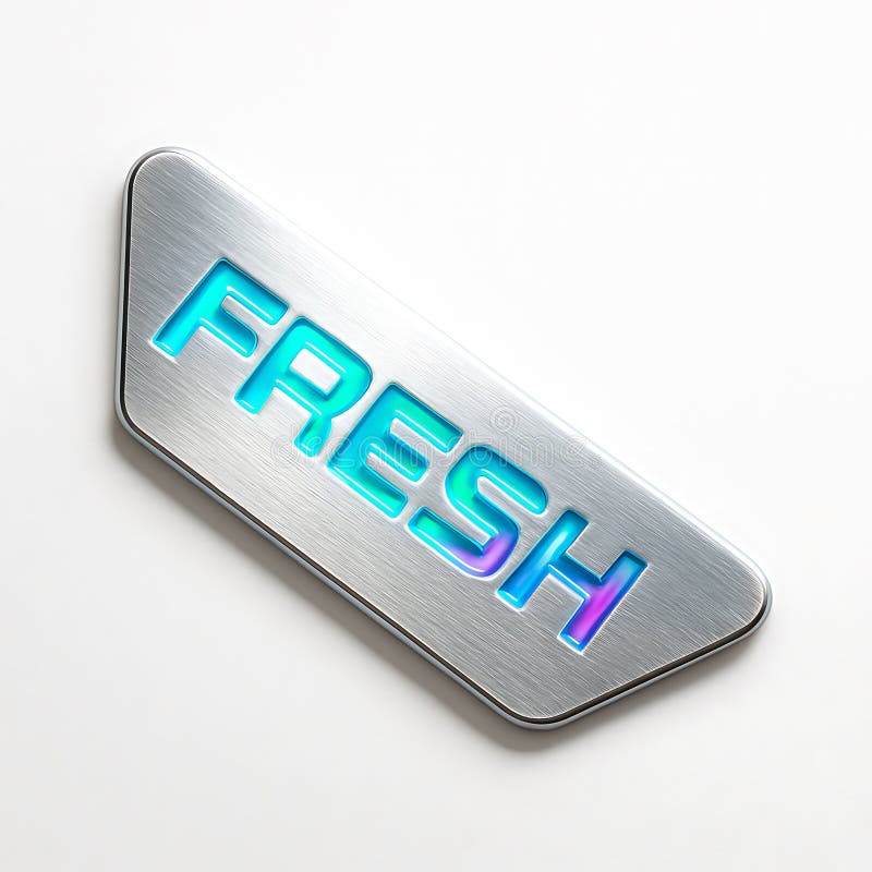 Vibrant glowing \'FRESH\' text carved into a sleek brushed metallic silver tag, creating a modern and dynamic label. royalty free illustration