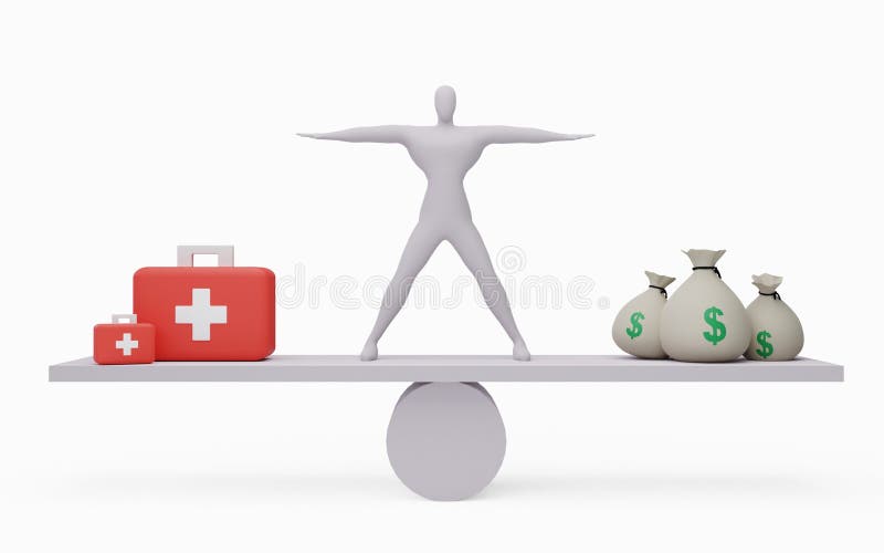 3D render of businessman balancing health and work. health and work comparison illustration stock illustration