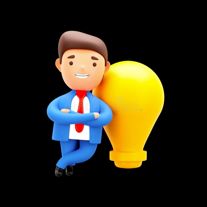 3D Render of Businessman Standing and Light Bulb on Black Stock