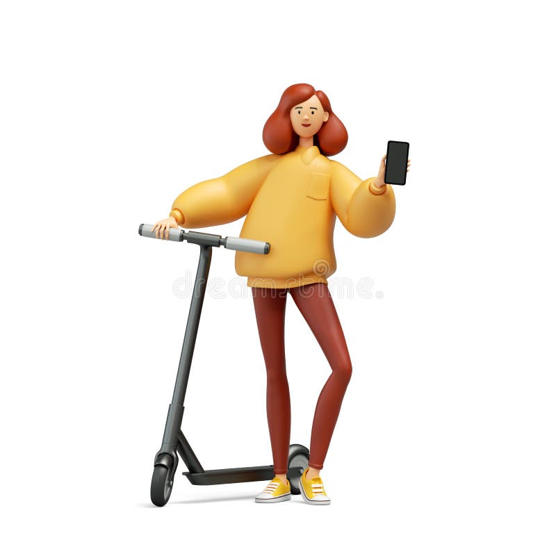 3d render, cartoon character redhead young woman with smartphone and rental electric scooter. Smart phone sharing app. Modern