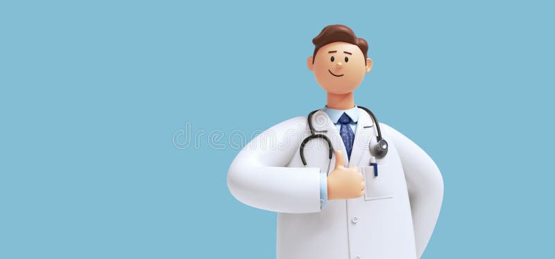 3d render. Cartoon character young caucasian man doctor, wears uniform, shows like gesture thumb up. Medical clip art isolated on vector illustration