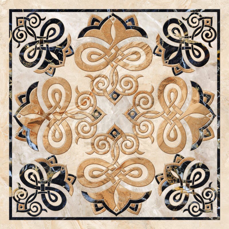 3D Render Ceramic Wall Tiles Decoration. Abstract Damask Patchwork