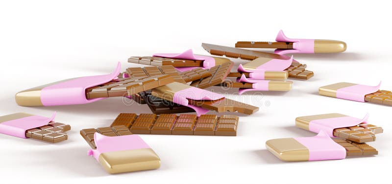 3d face batoanele de ciocolată împrăștiate pe fond alb. deserturi de tip choco, întregi și mușcate, în folie de aur deschisă și ro stock illustration