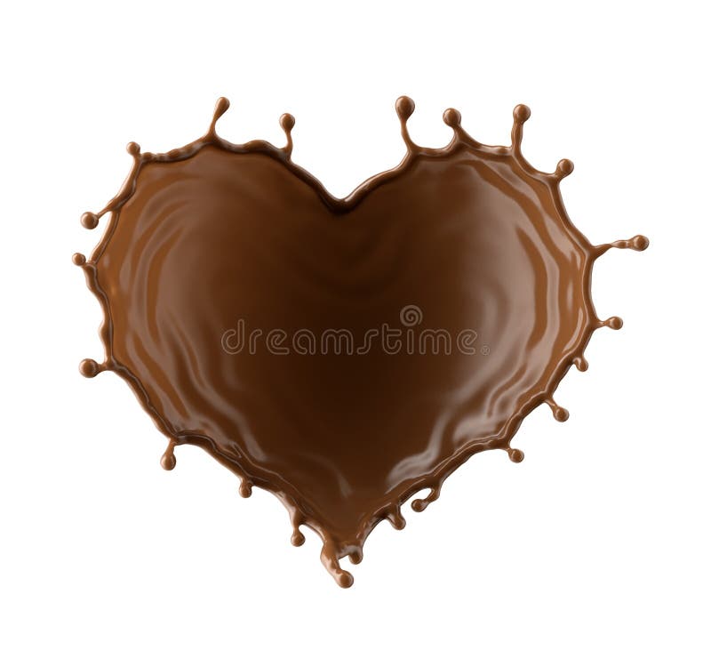 3d render, chocolate splash heart shape collection, cacao drink or coffee, splashing cooking ingredient. Abstract brown liquid