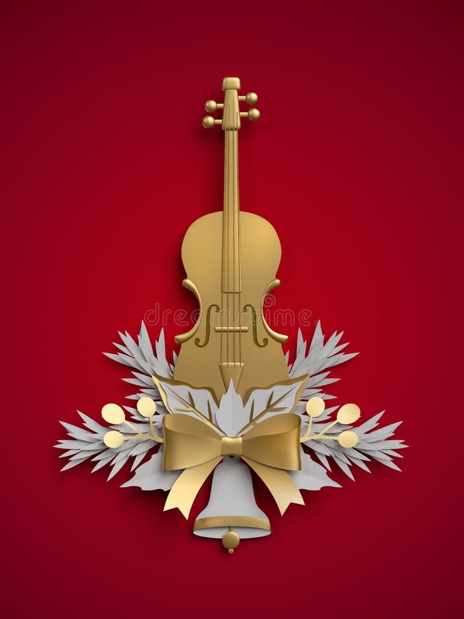 3d render, Christmas floral decoration, viola, violin musical in