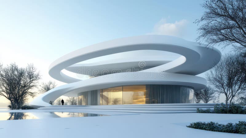 3D render of a circular white building with a futuristic architectural design.
