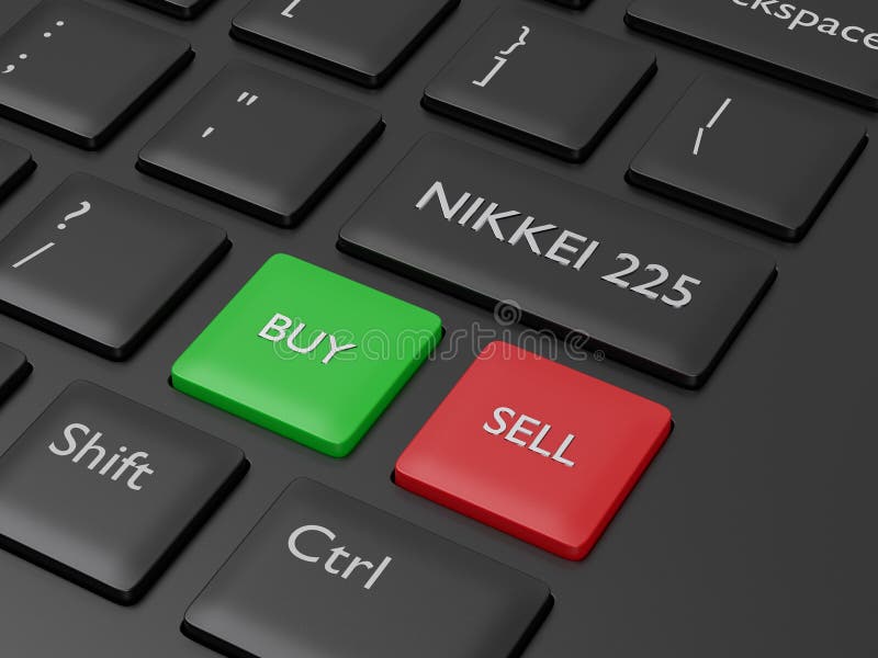3d render of computer keyboard with NIKKEI 225 index button stock illustration