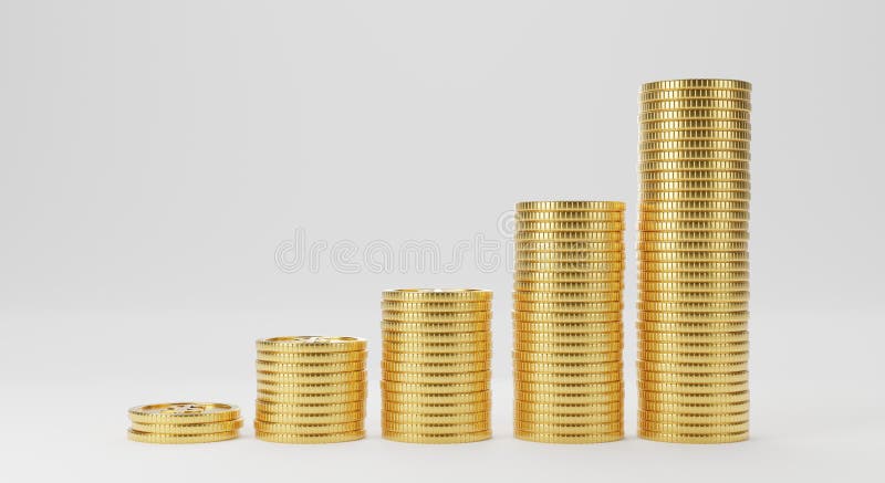 3D Render. Coin stacks. Gold coins arranged from left to right. Ascending Demonstrate better status. concept of monetary royalty free illustration