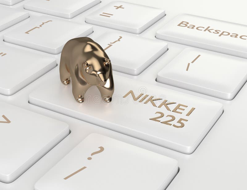 3d render of computer keyboard with bear and NIKKEI 225 index b stock illustration