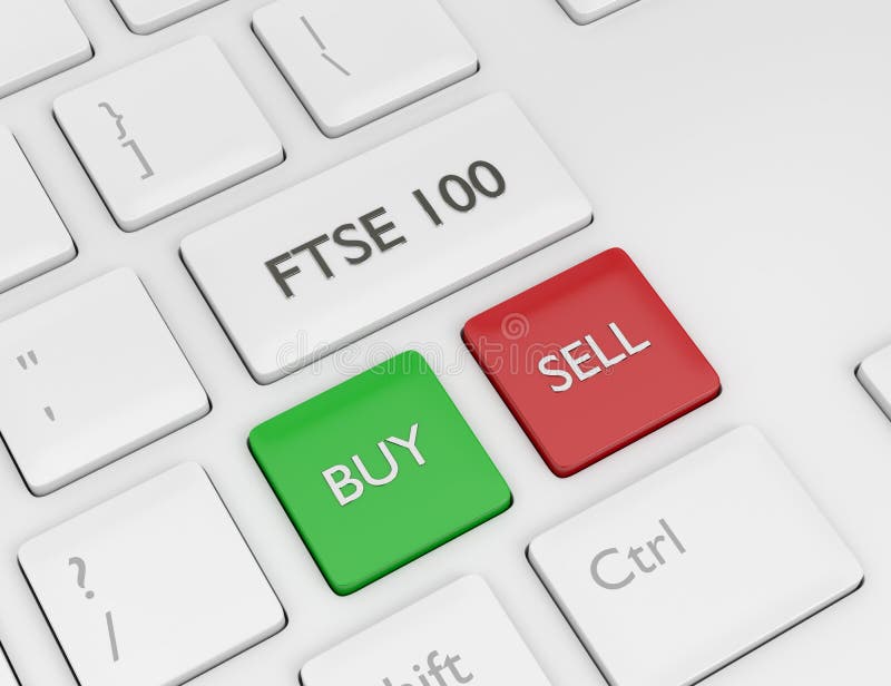 3d render of computer keyboard with FTSE 100 index button stock illustration