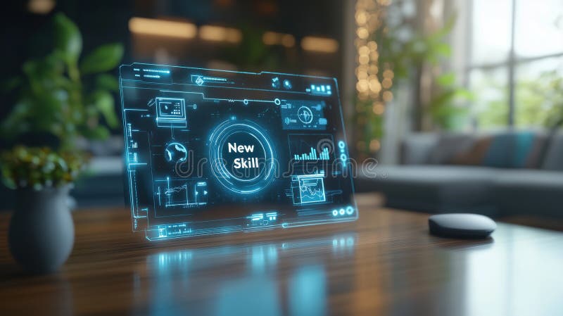 3D render computer screen displaying New Skill with futuristic interface royalty free illustration