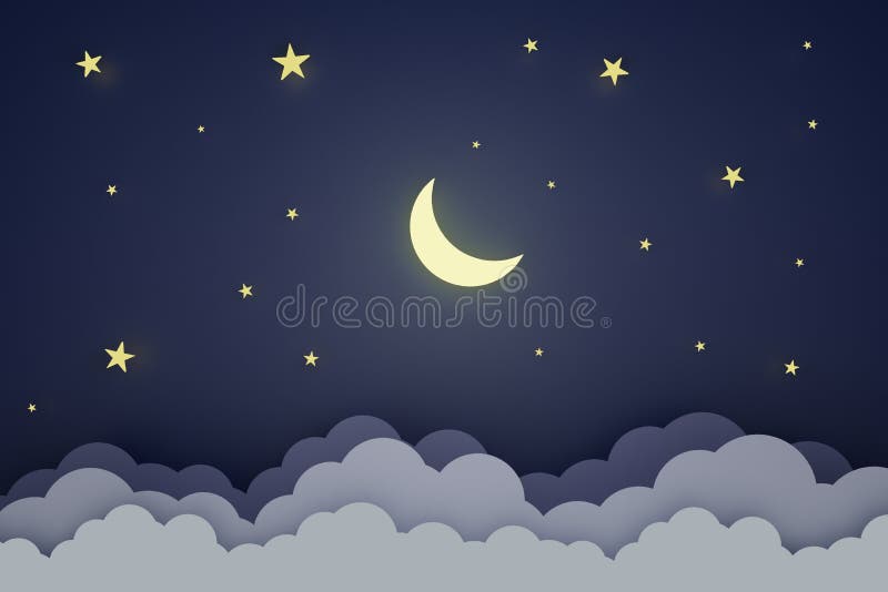 3D Render. the Crescent Moon and Stars Shine and the Cloudy Night Sky ...