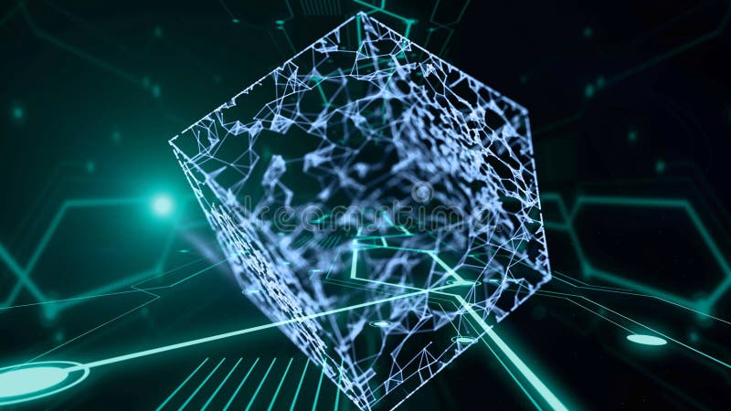 3d render cubic tunnel with large blue translucent cube floating inside. royalty free illustration