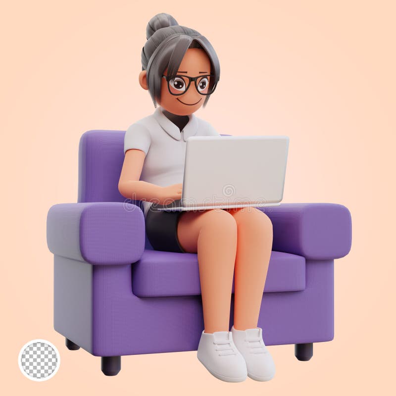 3d render cute business woman hold laptop