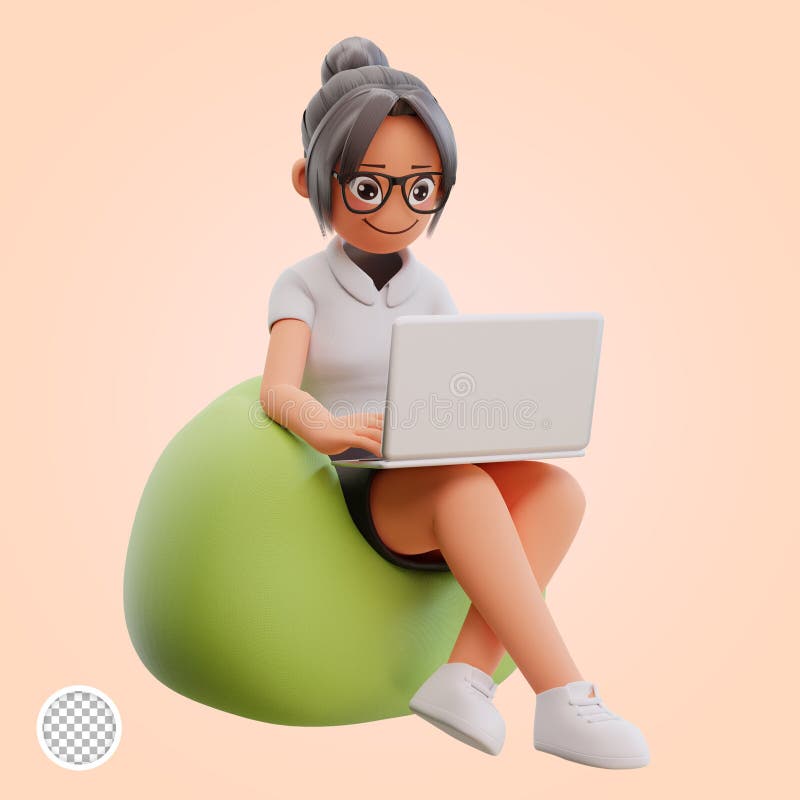 3d render cute business woman hold laptop