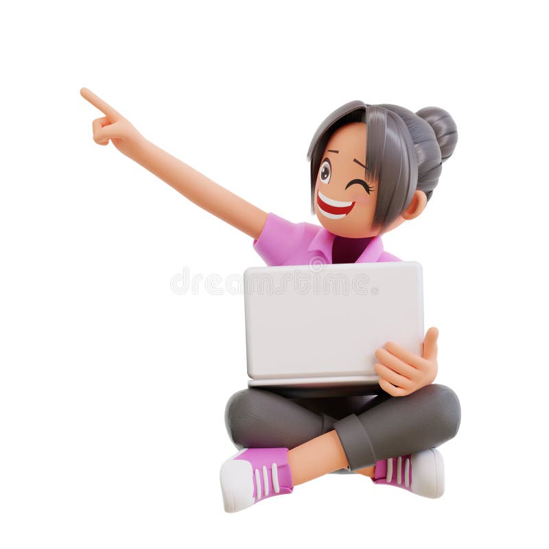 cute girl sit crossed legs hold laptop studying and pointing up