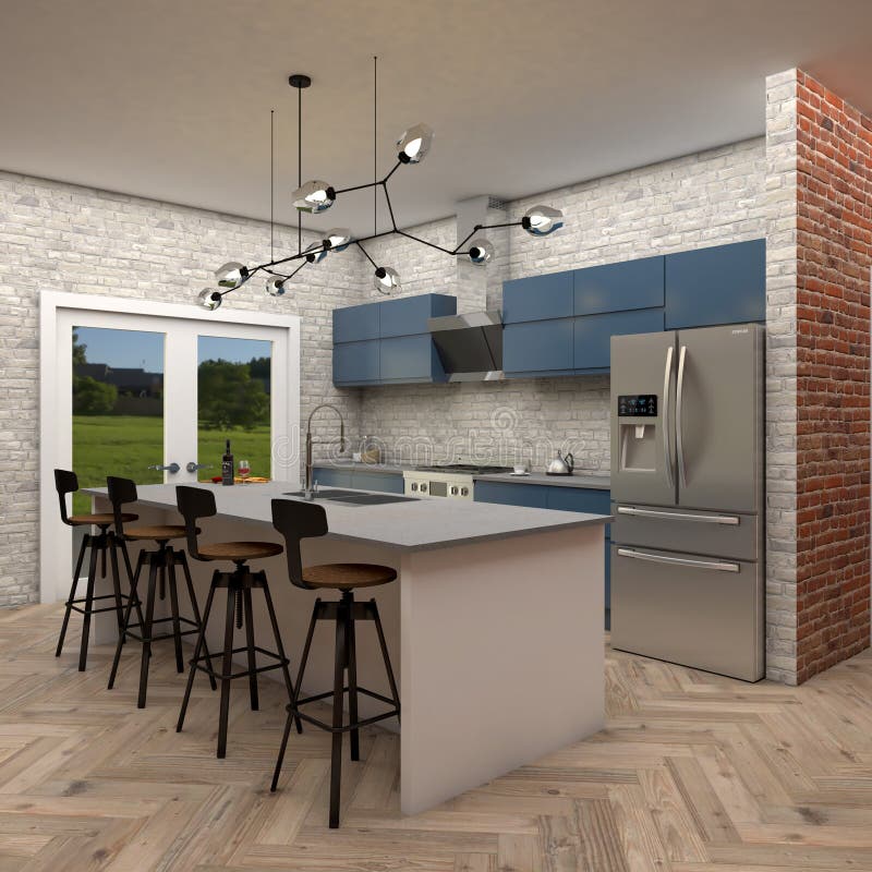 Interior Design Industrial Style Kitchen 2 3D Rendering 3D Illustration