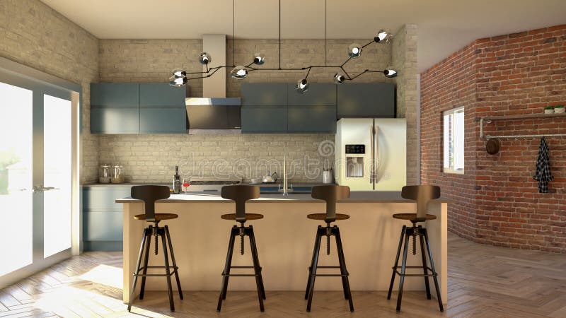Interior Design Industrial Style Kitchen 4 3D Rendering 3D Illustration ...