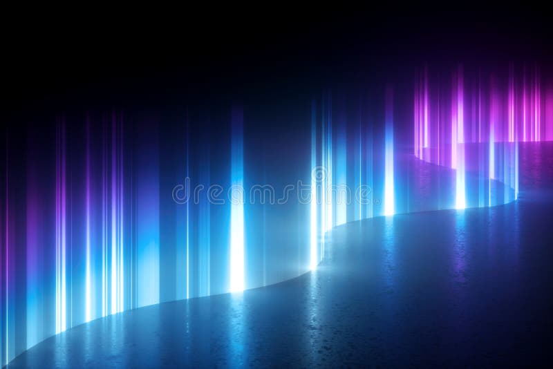 3d render, digital illustration. Abstract blue pink neon light background, artificial aurora borealis vertical rays