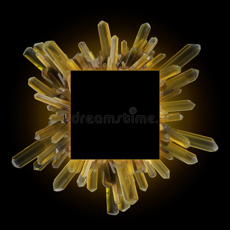 3d render, abstract crystal square frame, rectangular banner, modern gemstone on black background, yellow vector illustration