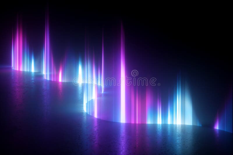 3d render, digital illustration. Abstract neon light background, artificial aurora borealis vertical rays, northern lights