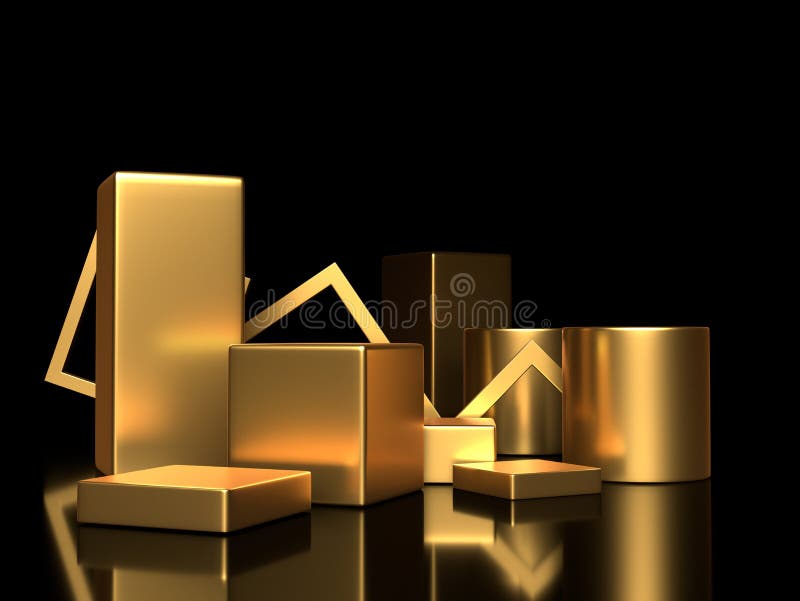 3d render, digital illustration. Modern minimal Gold color background. Abstract geometric design. Fashion concept. Podium for stock illustration