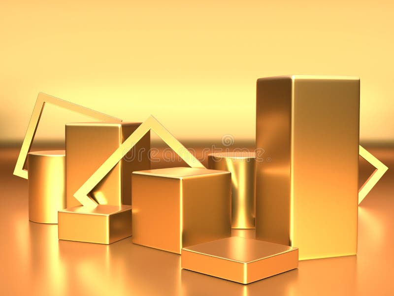 3d render, digital illustration. Modern minimal Gold color background. Abstract geometric design. Fashion concept. Podium for royalty free illustration