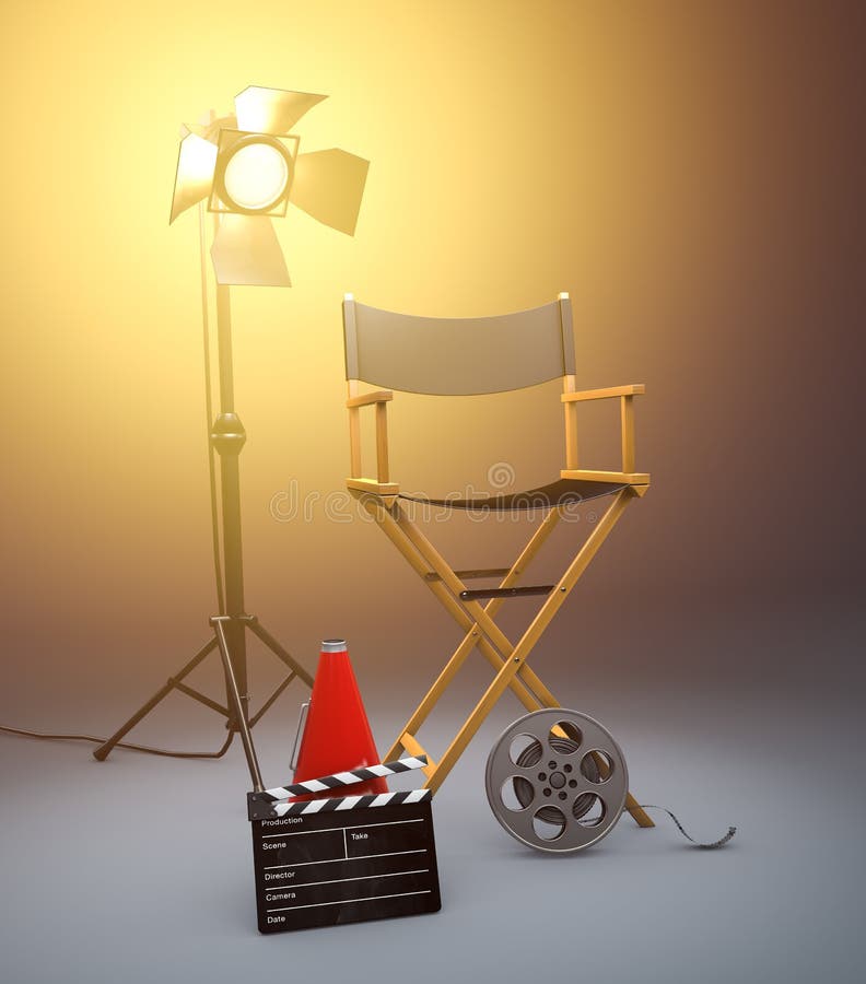 Cinema Concept Movie Camera With Film Reels Chair Megaphone And