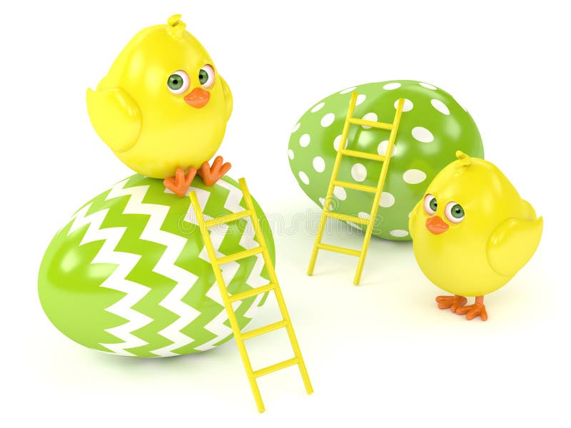 3d render of Easter chicks with painted eggs