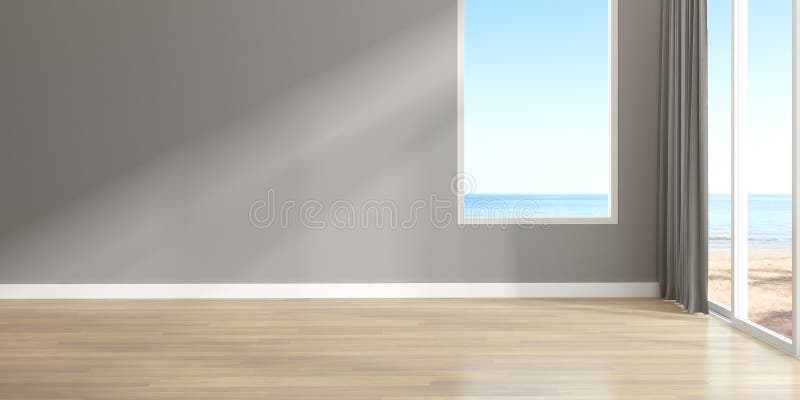 3d Render of Empty Room with Wooden Floor and Large Plain Wall on Sea  Background Stock Illustration - Illustration of interior, design: 199014971