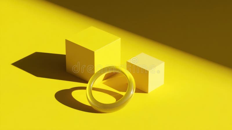 3D Render of Floating Yellow Ring and Cube with Shadows on Yellow Floor stock illustration