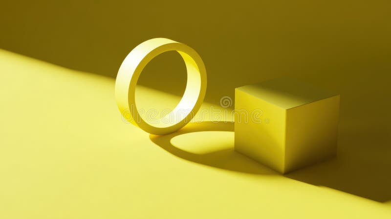 3D Render of Floating Yellow Ring and Cube with Shadows on Yellow Floor royalty free illustration