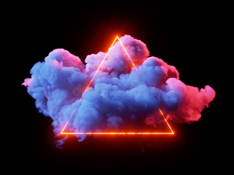 3d render, glowing neon linear triangle inside the abstract blue cloud illuminated with red light, isolated on black background royalty free illustration
