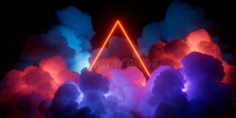 3d render, glowing red neon linear triangle inside the abstract colorful clouds illuminated from the inside, isolated on black stock illustration