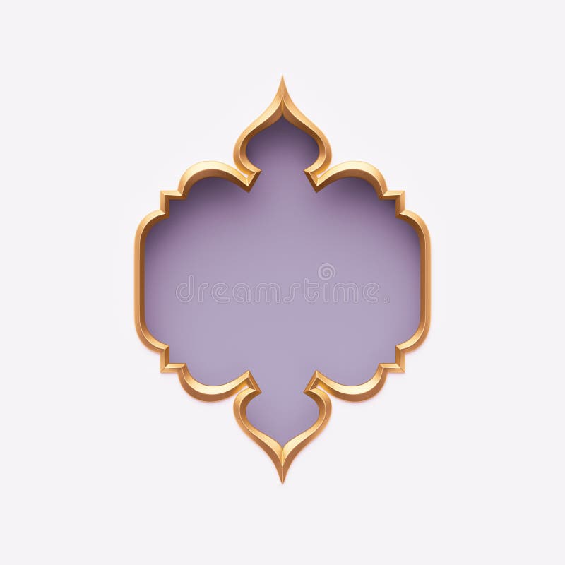3d render, gold arabic frame, ornate shape, light violet, lilac, tribal arabesque design, empty banner, greeting card template