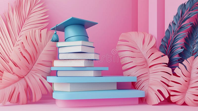 Graduation Books Stack Pink Tropical Leaves Background Education Concept royalty free illustration