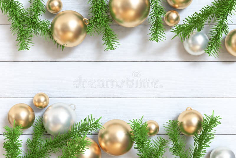 3d render green leaf tree christmas tree with gold ball white wood floor