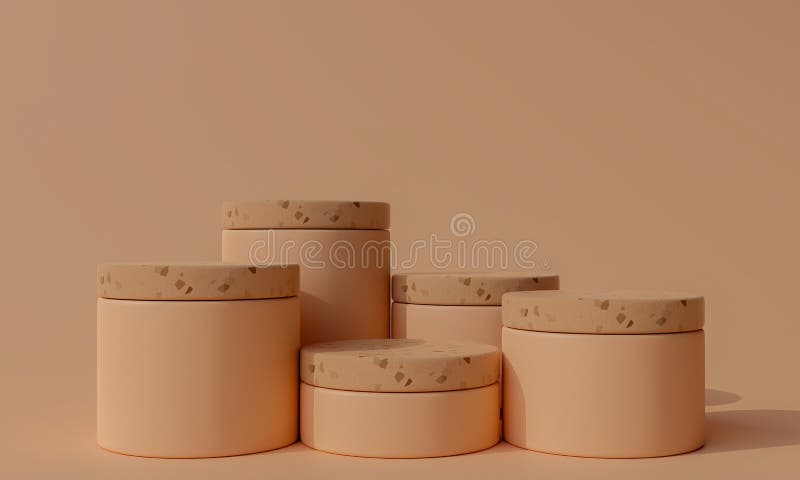 3d render group of empty cylinder podiums. stock illustration